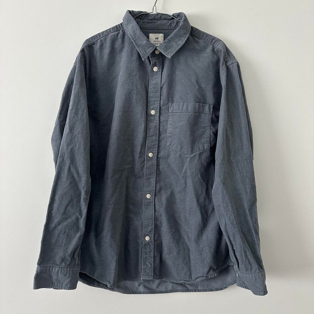 H&M Men's XL Gray Corduroy Button Up Shirt cotton